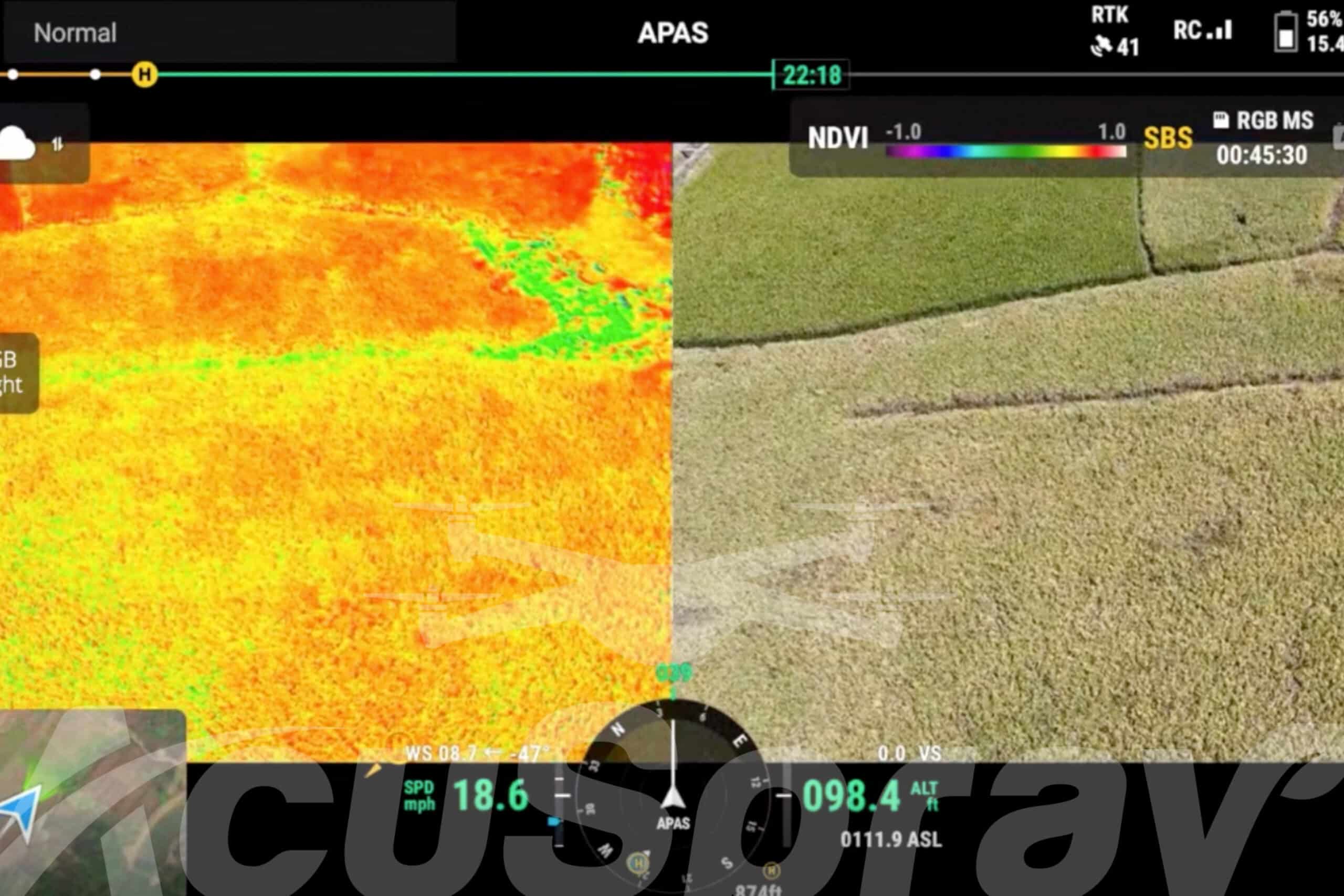Image of AI-enabled drone interface scanning over a lush crop field.