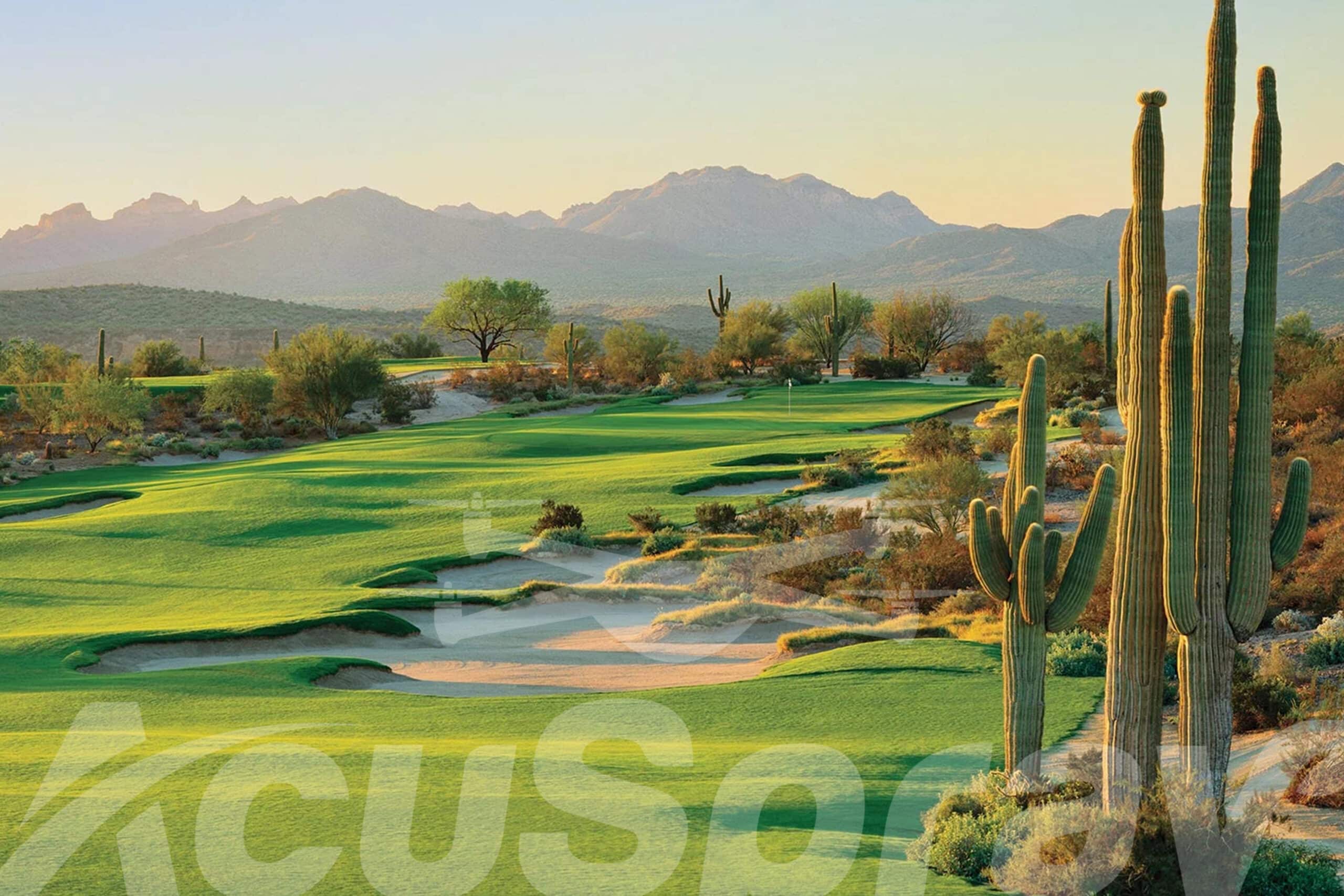 Golf course in Southwest with cacti foreground and distant mountains, showcasing Southwest turf management.