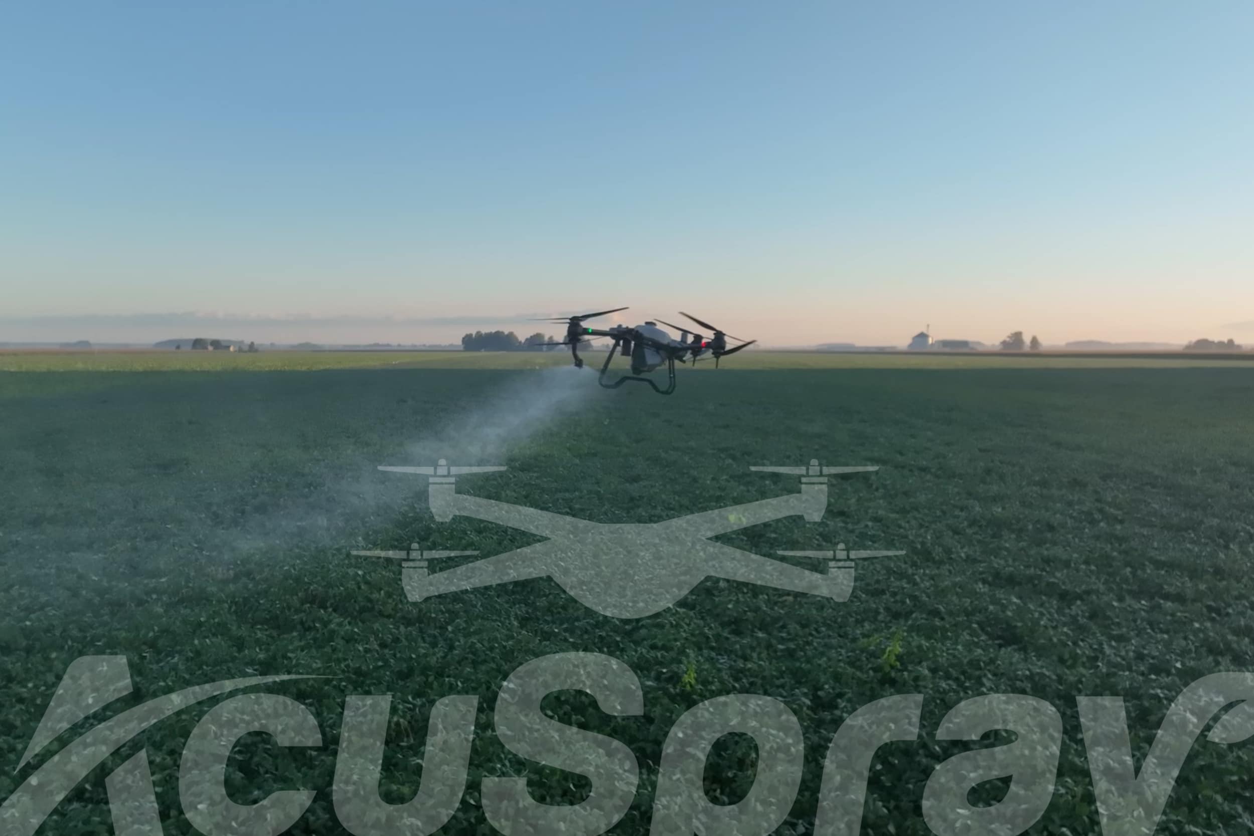 Spray drone efficiently applying fungicide over a lush soybean field.