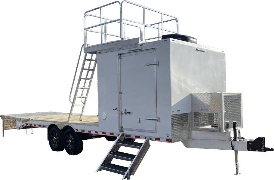 A dual-axle spray drone trailer with an enclosed front, flatbed rear, and elevated observation deck