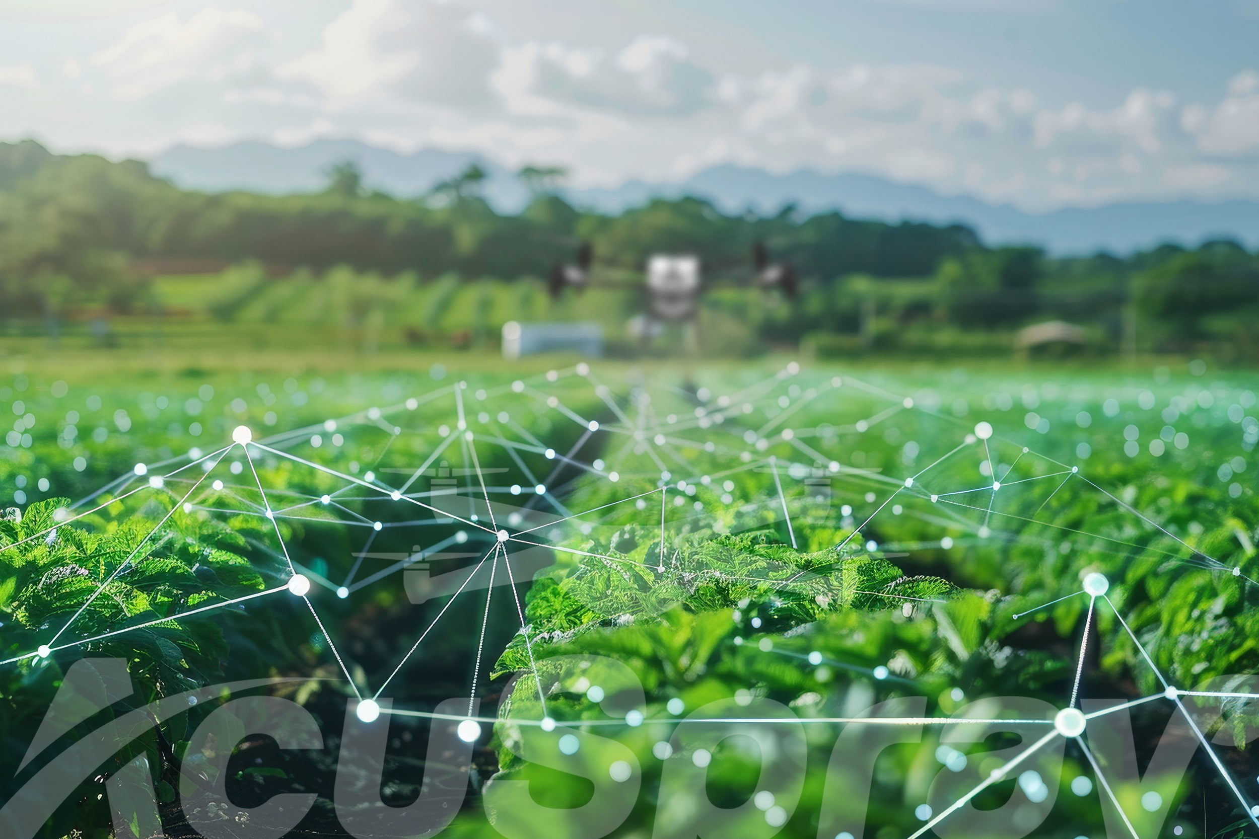 An agricultural spray drone flying over a lush potato field with digital network connections, representing the use of spray drones in potato farming by AcuSpray.