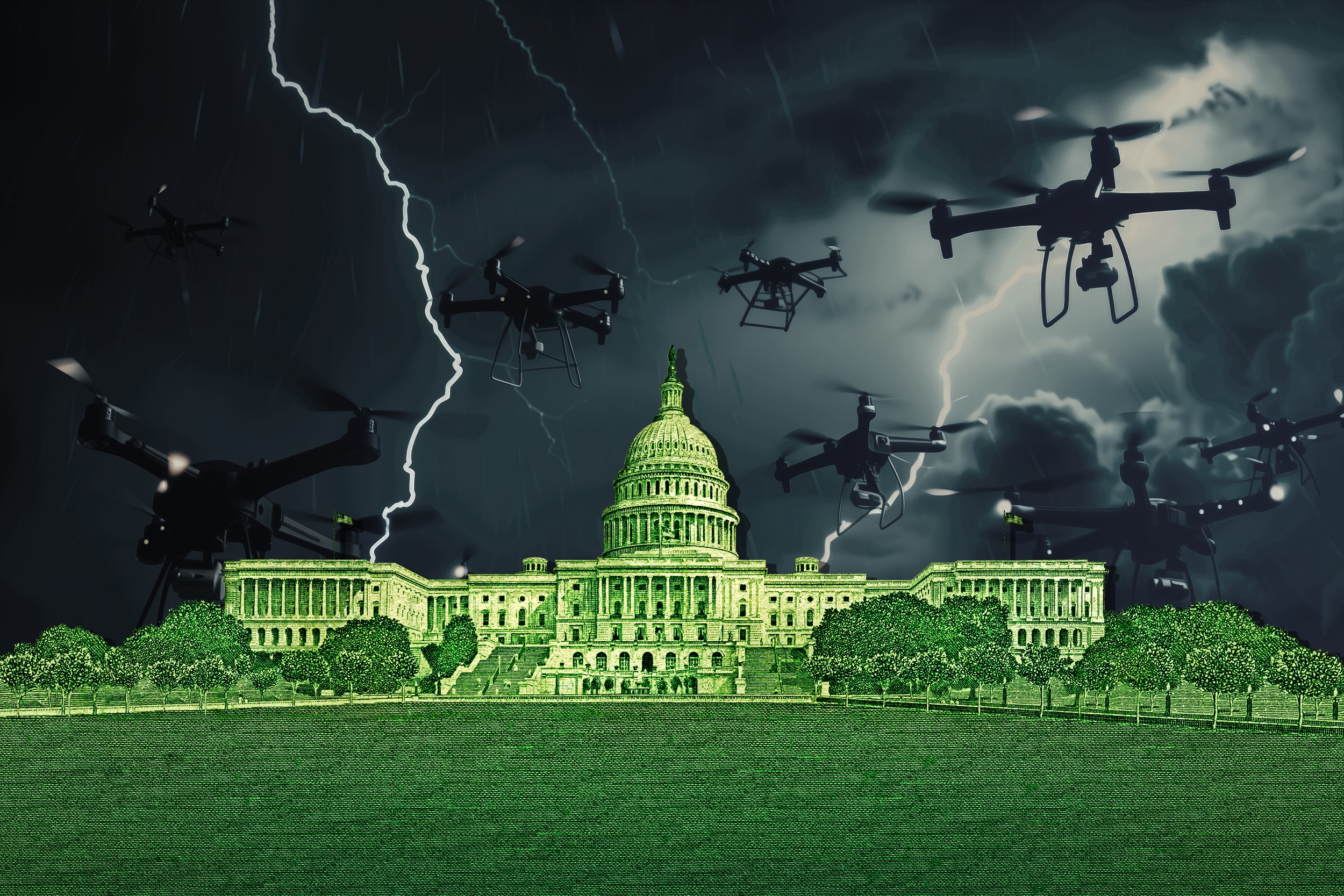 A dramatic depiction of drones flying over the U.S. Capitol building during a stormy night, highlighting the controversy surrounding the DJI drone ban.